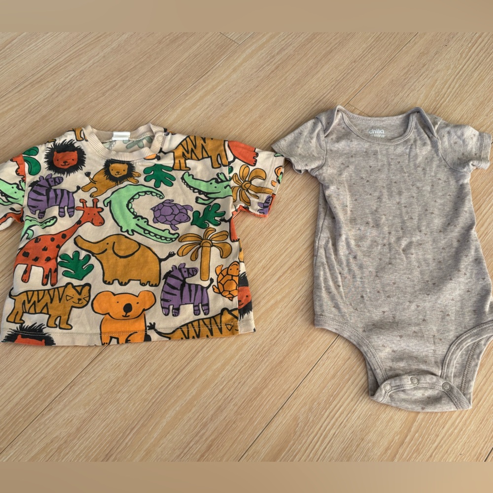 Carter’s/H&M Baby Pattered Onesie and Animal Print Top Bundle, Size 12 Months.